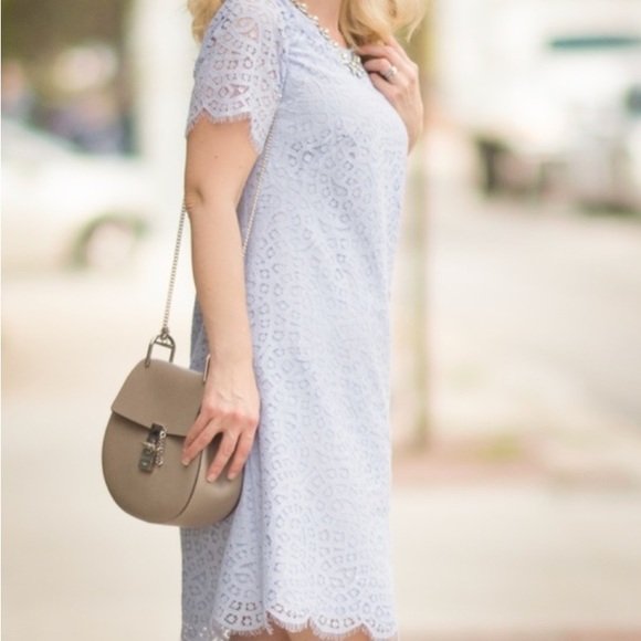 ANN TAYLOR Lace Overlay Shift Dress Pale Periwinkle Size 12 Short Sleeve - Picture 3 of 12